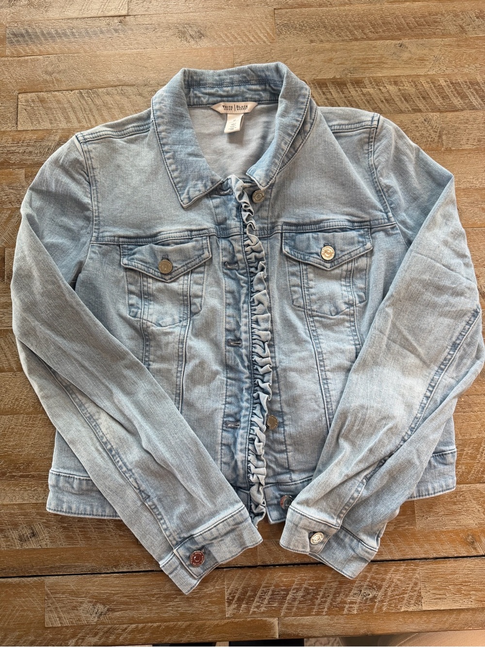 WHBM Light Wash Denim Jacket with Ruffle Trim